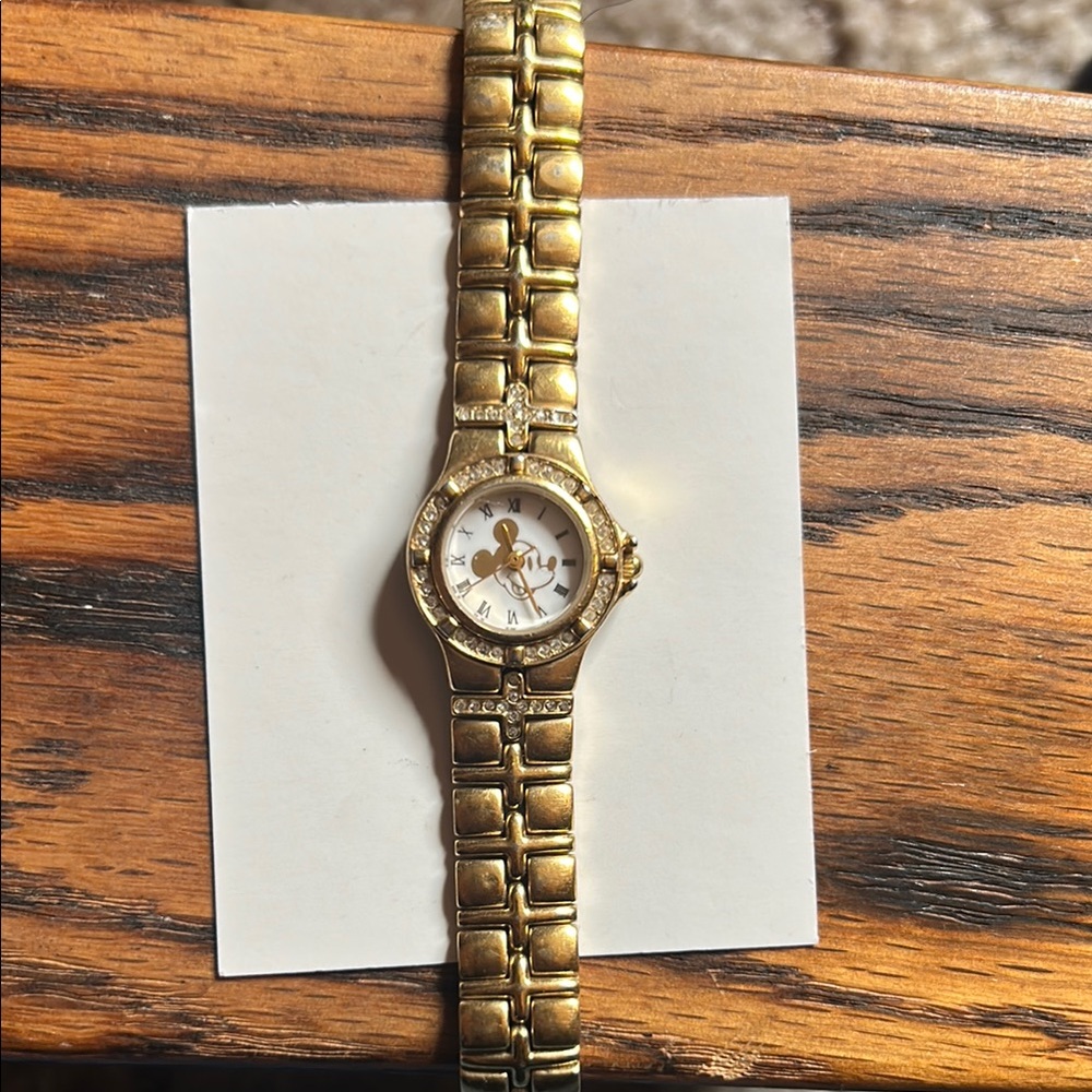 Vintage Mickey Mouse Gold Classic Watch with Linked Bracelet